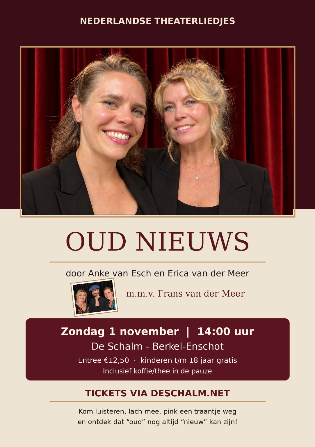 Flyer Oud Nieuws: Anke van Esch en Erica van der Meer, 1 november 2026 om 14.00 uur in De Schalm